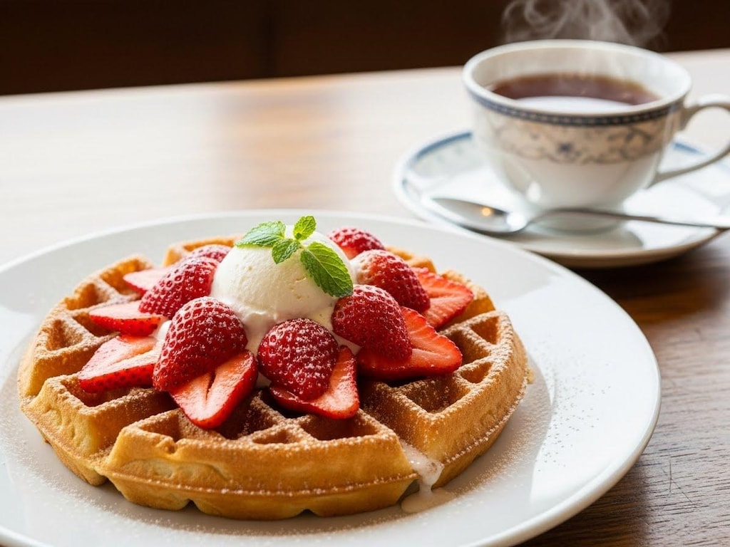 デザートの苺ワッフル