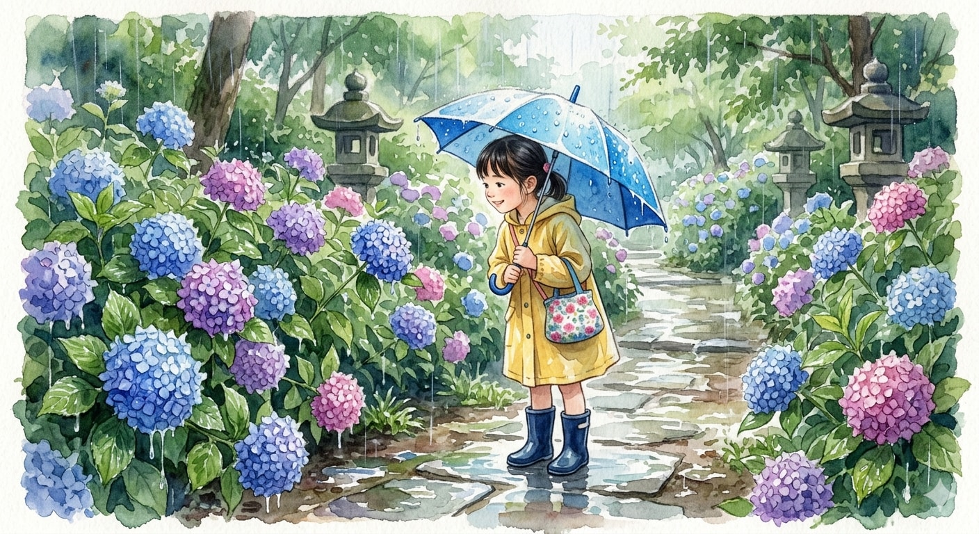 雨の中傘をさして紫陽花を鑑賞する女の子