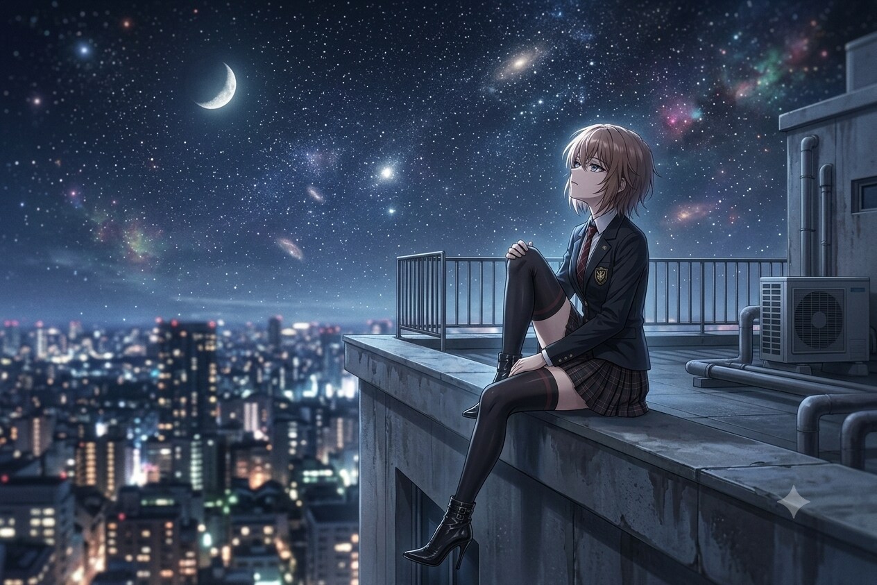 夜空を見上げる