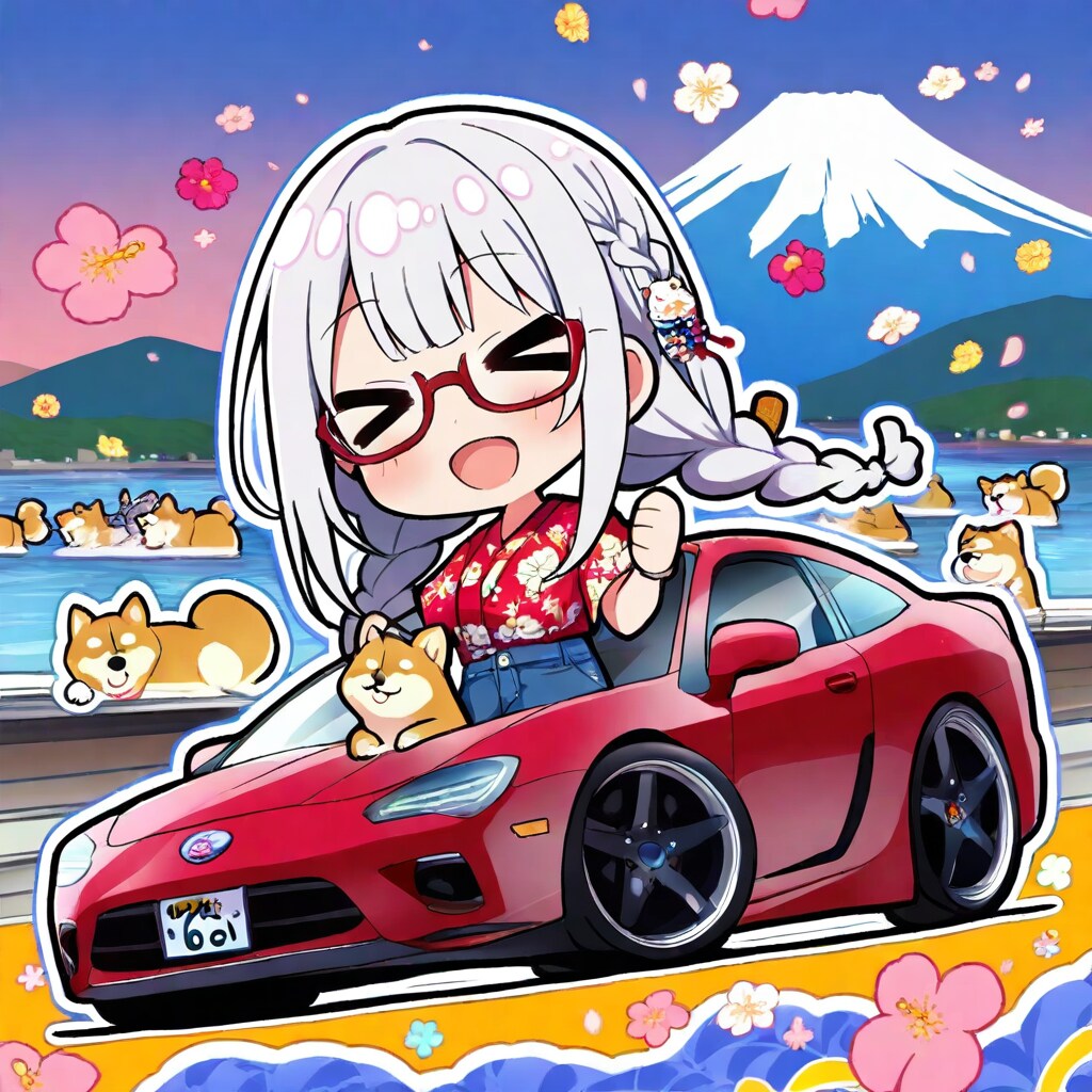 眼鏡三つ編みちゃんと車と柴犬