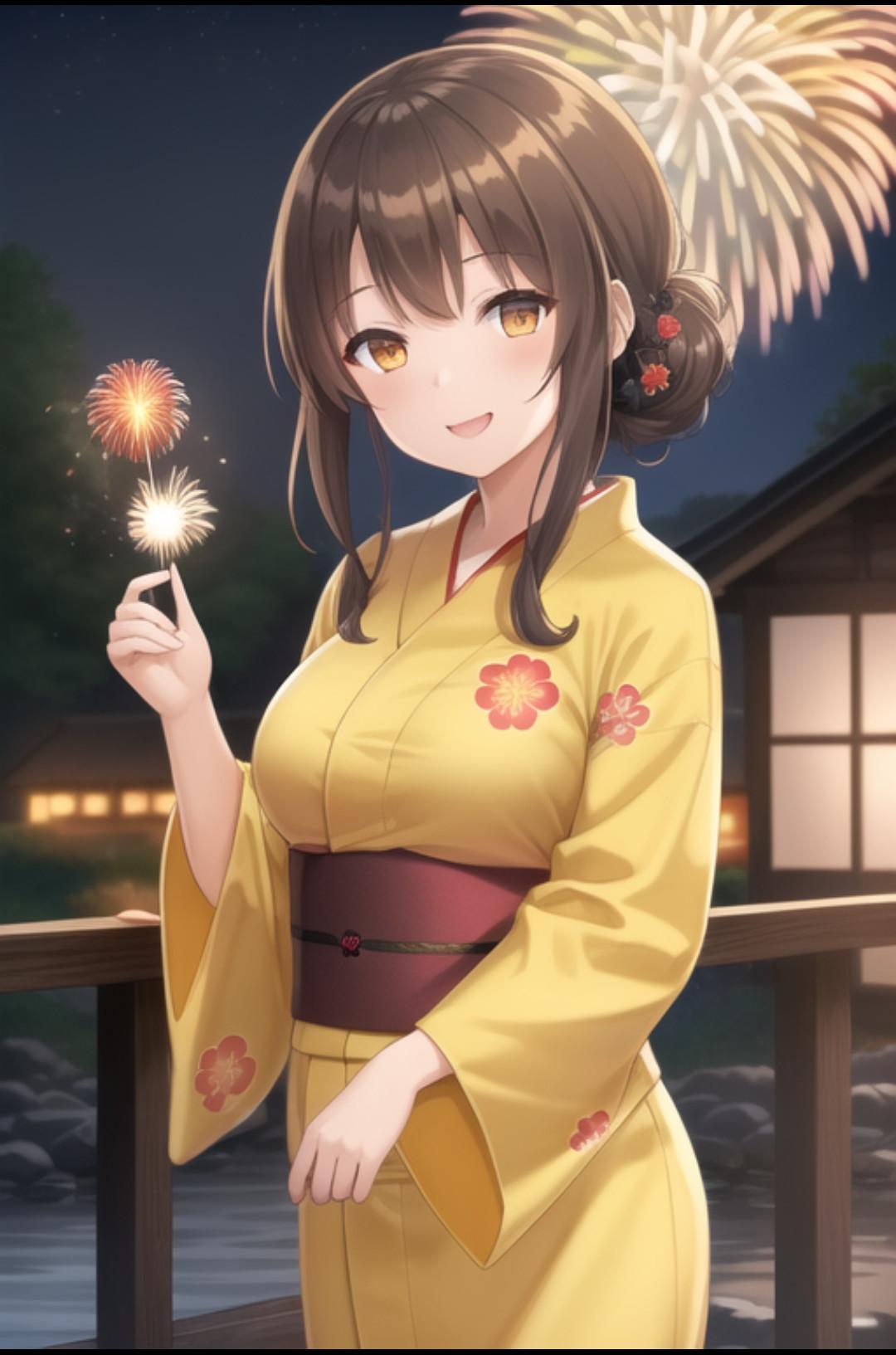 浴衣の女性と花火