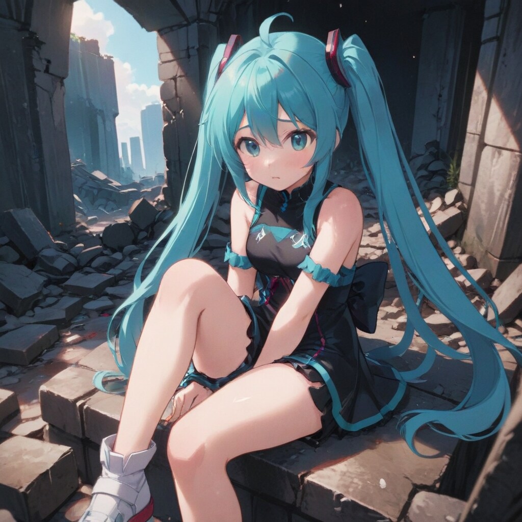 廃墟で座るミクさん