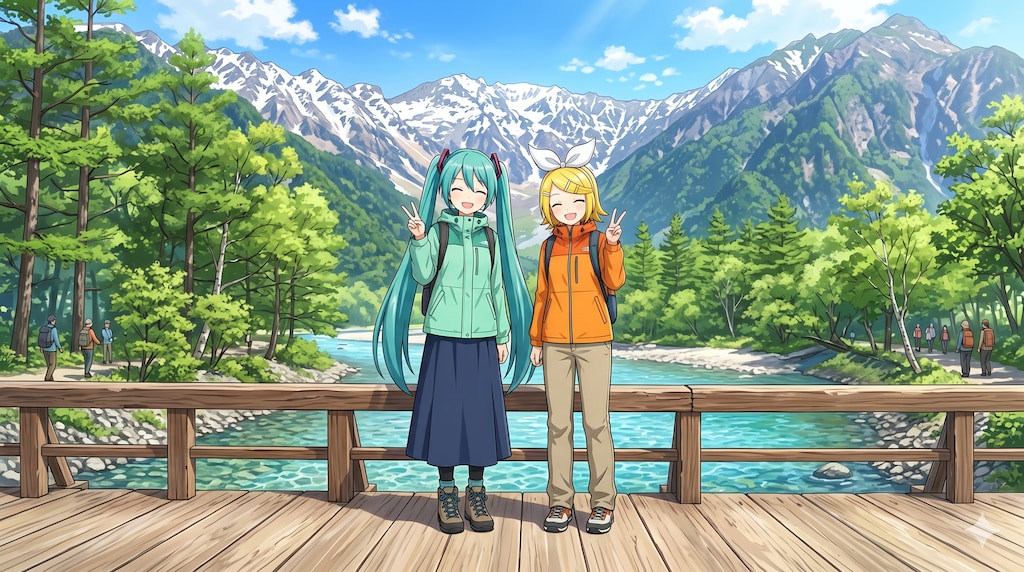 長野旅行をするミクさんとリンさん