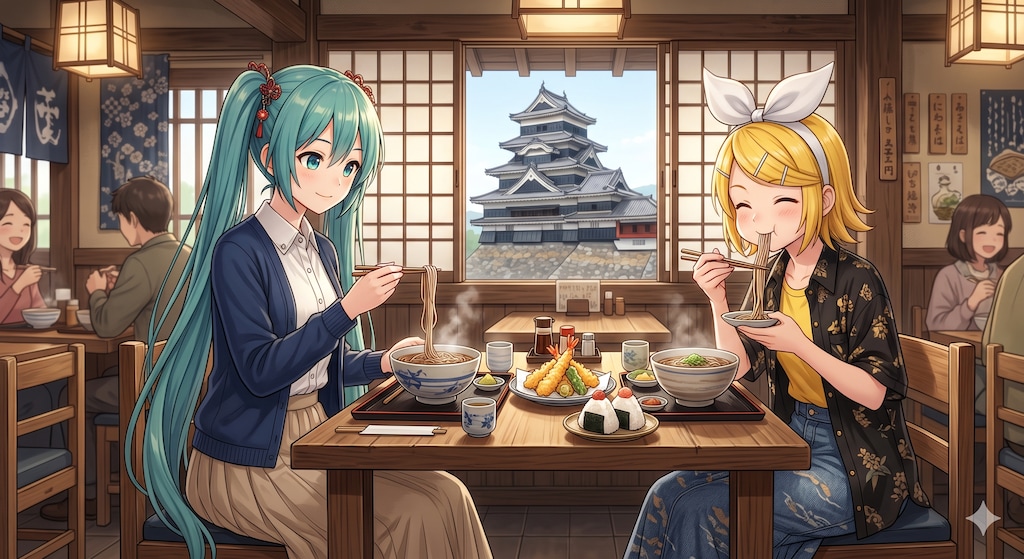長野旅行をするミクさんとリンさん