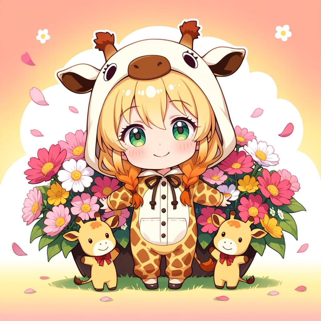 コスモスのお花とキリン着ぐるみちび子ちゃん