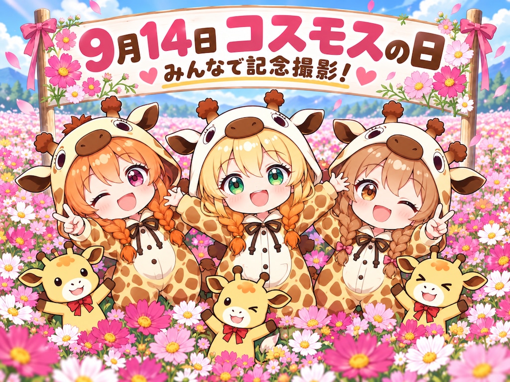 コスモスのお花とキリン着ぐるみちび子ちゃん