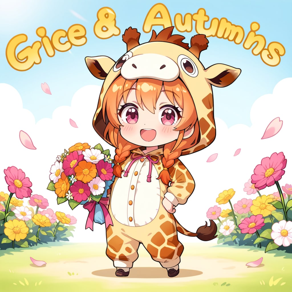 コスモスのお花とキリン着ぐるみちび子ちゃん