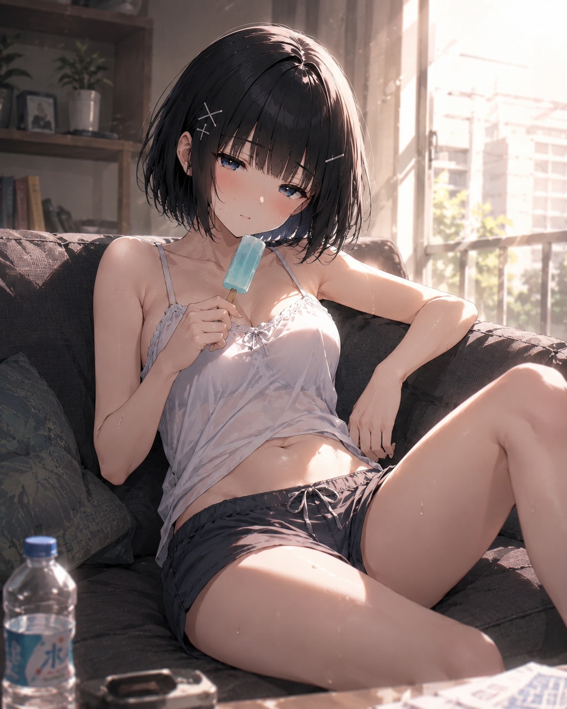 キャミソール姿でアイスキャンディ