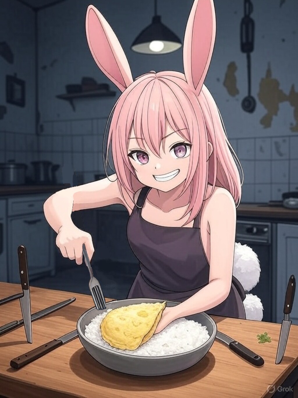 見よう見まねでオムライスという料理を作る兎耳族