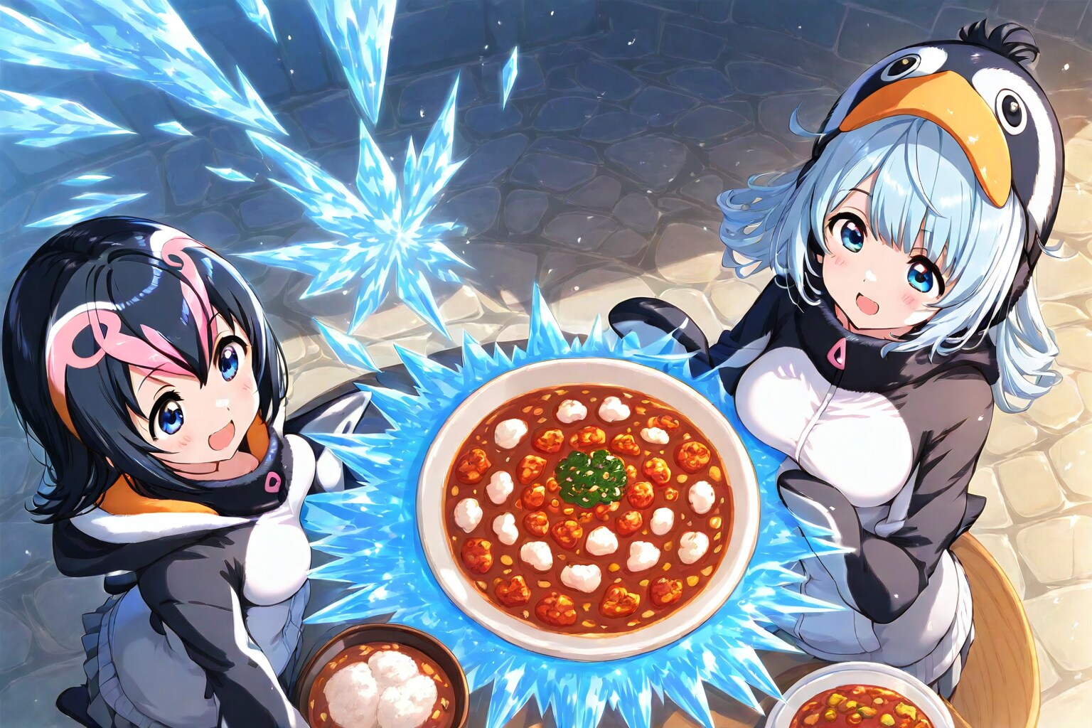冷やし料理準備の為呼ばれたうちの子ペン子と友達のペン美