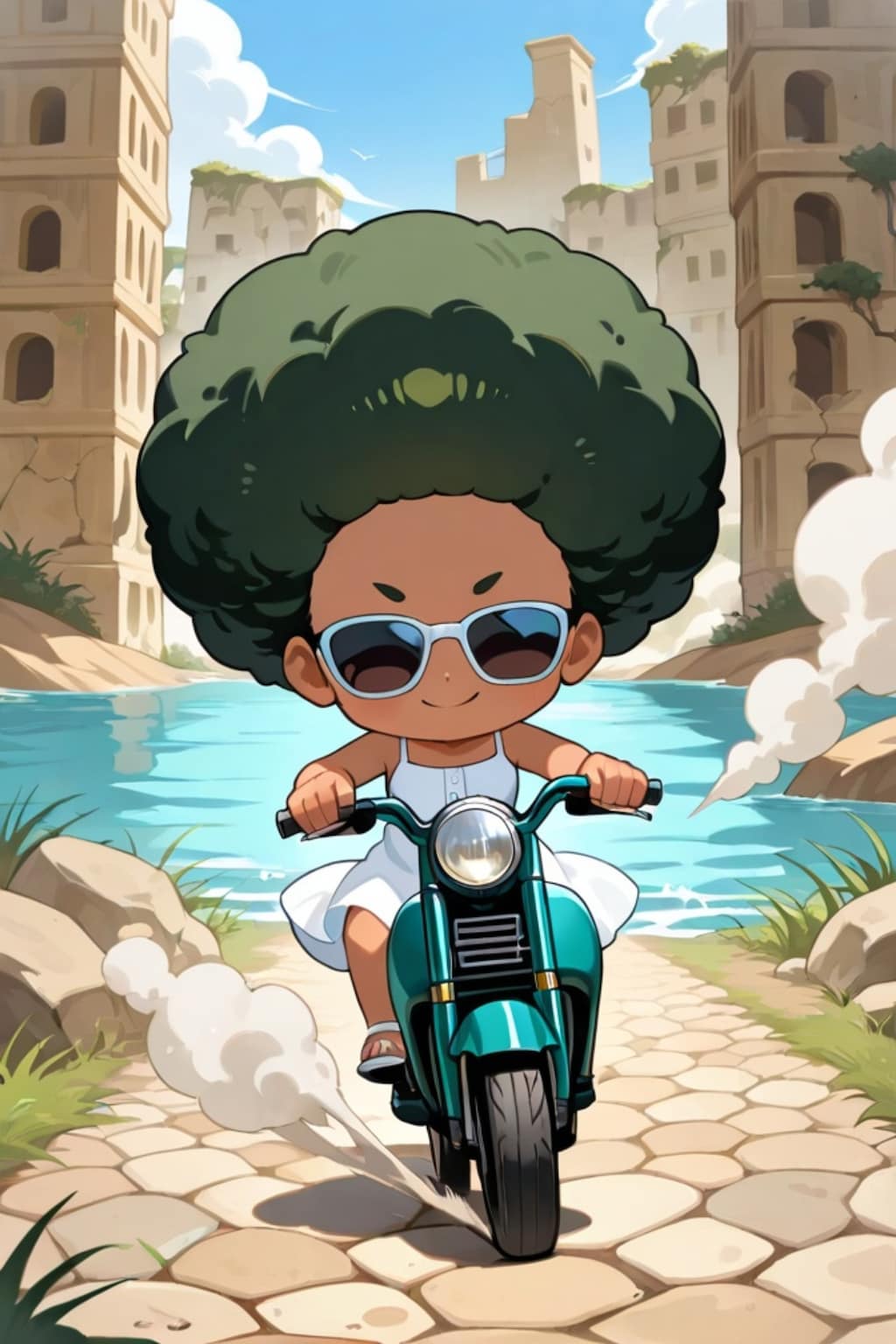 バイクに乗るアフロちゃん
