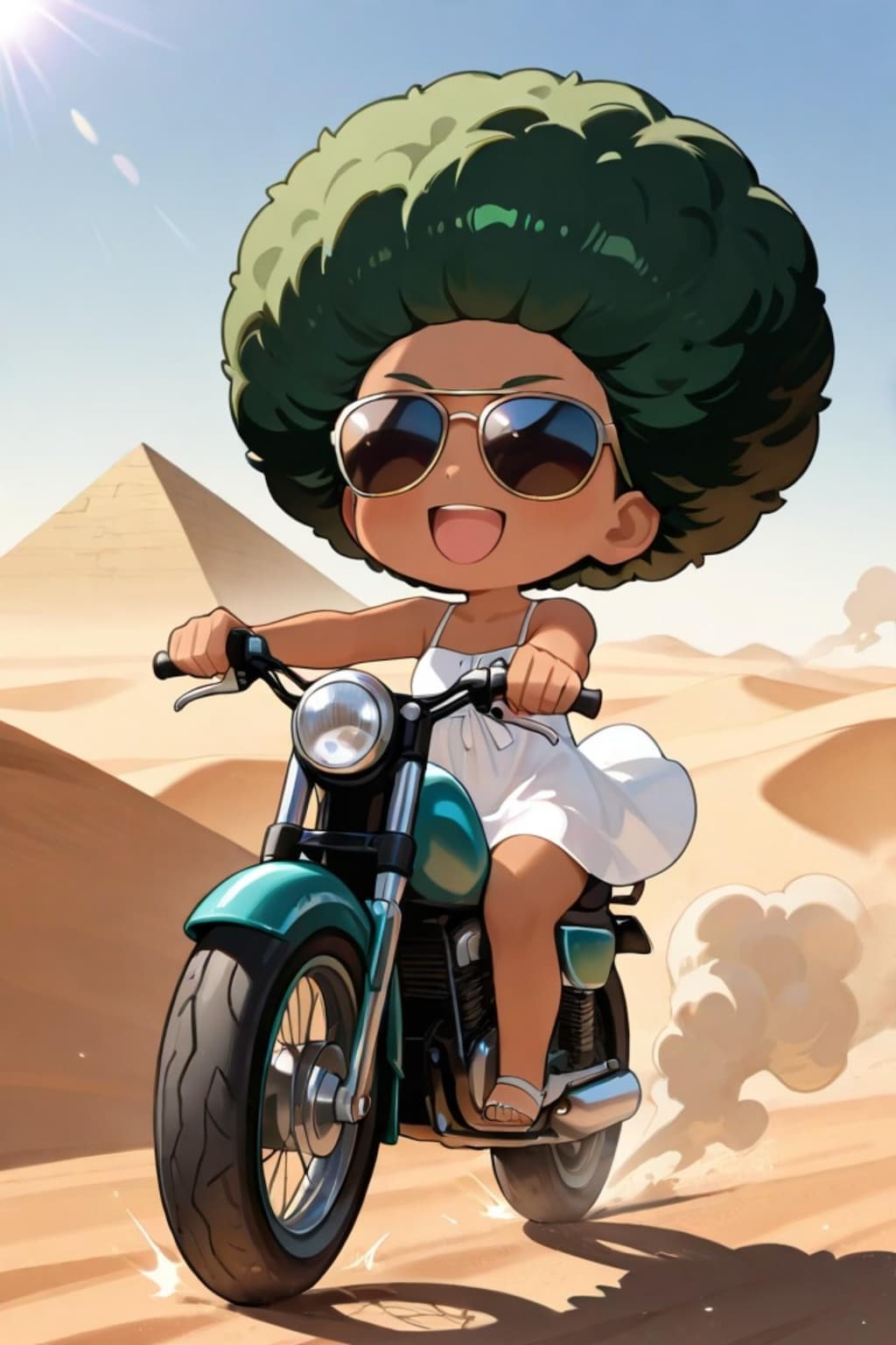 バイクに乗るアフロちゃん