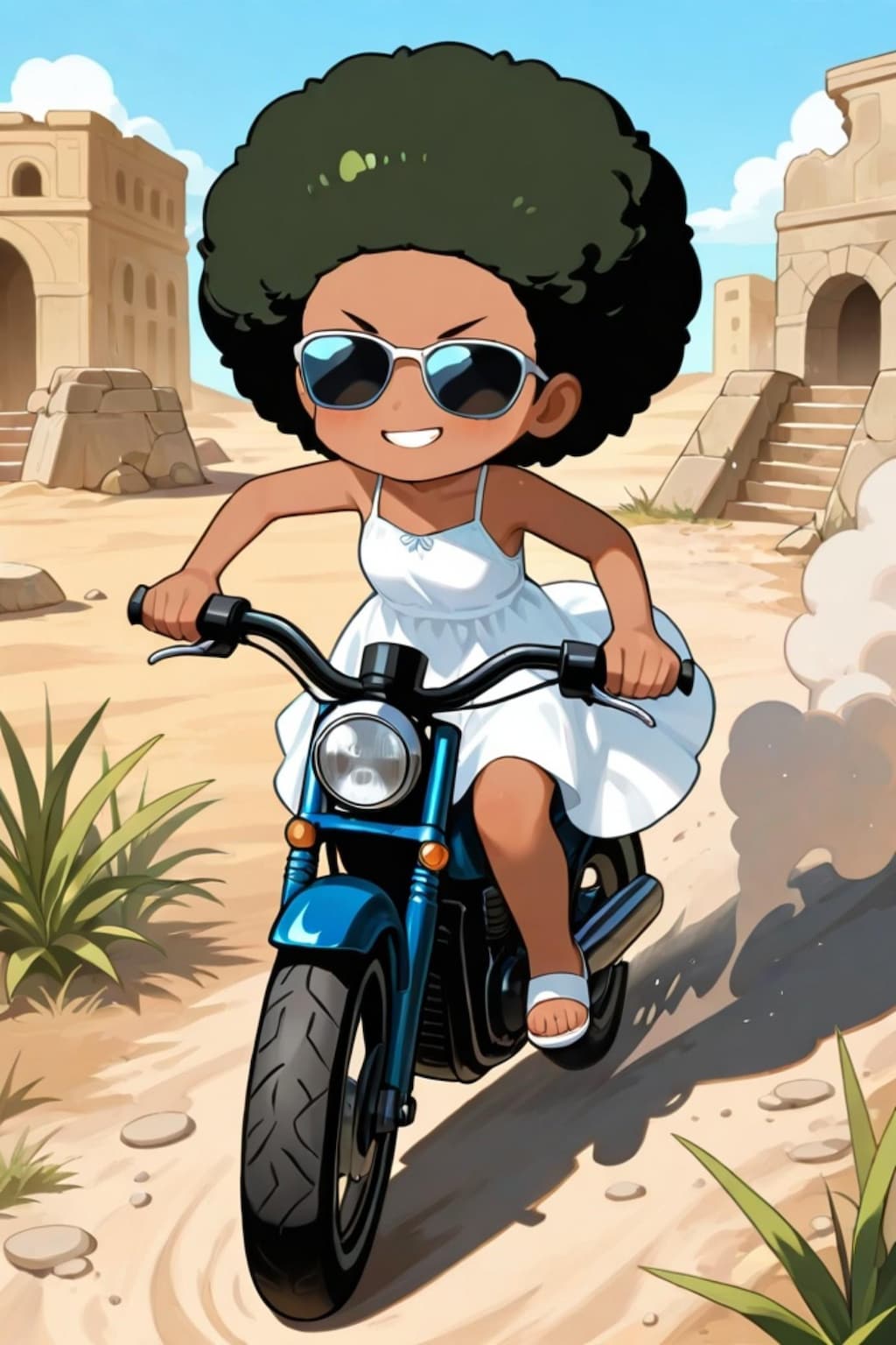 バイクに乗るアフロちゃん