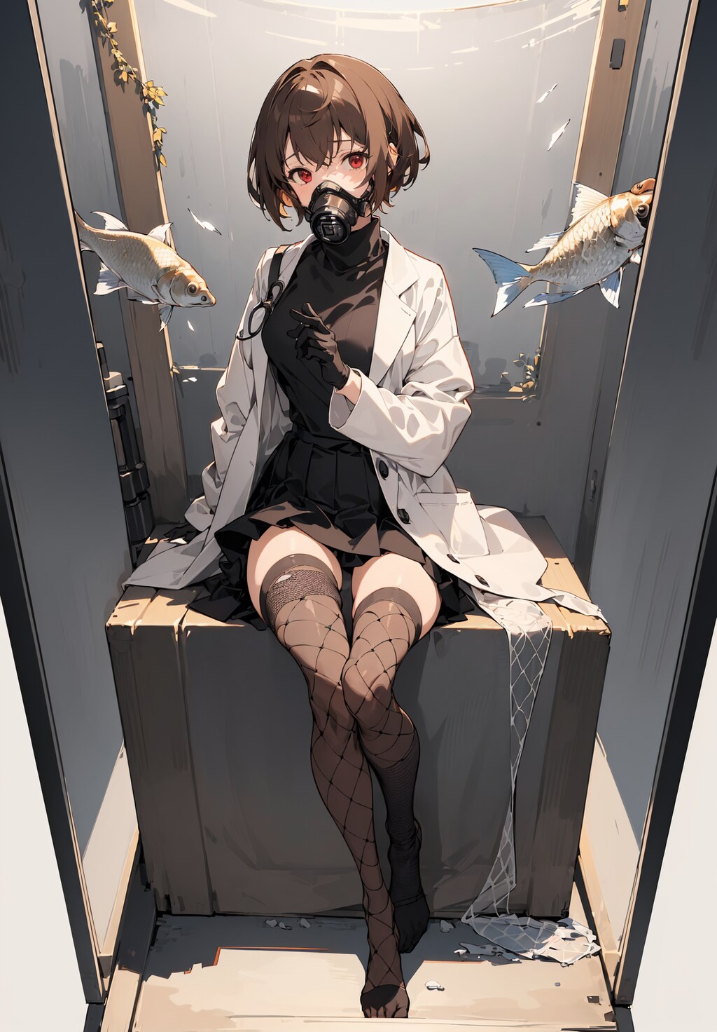 白衣と網タイツとガスマスク。