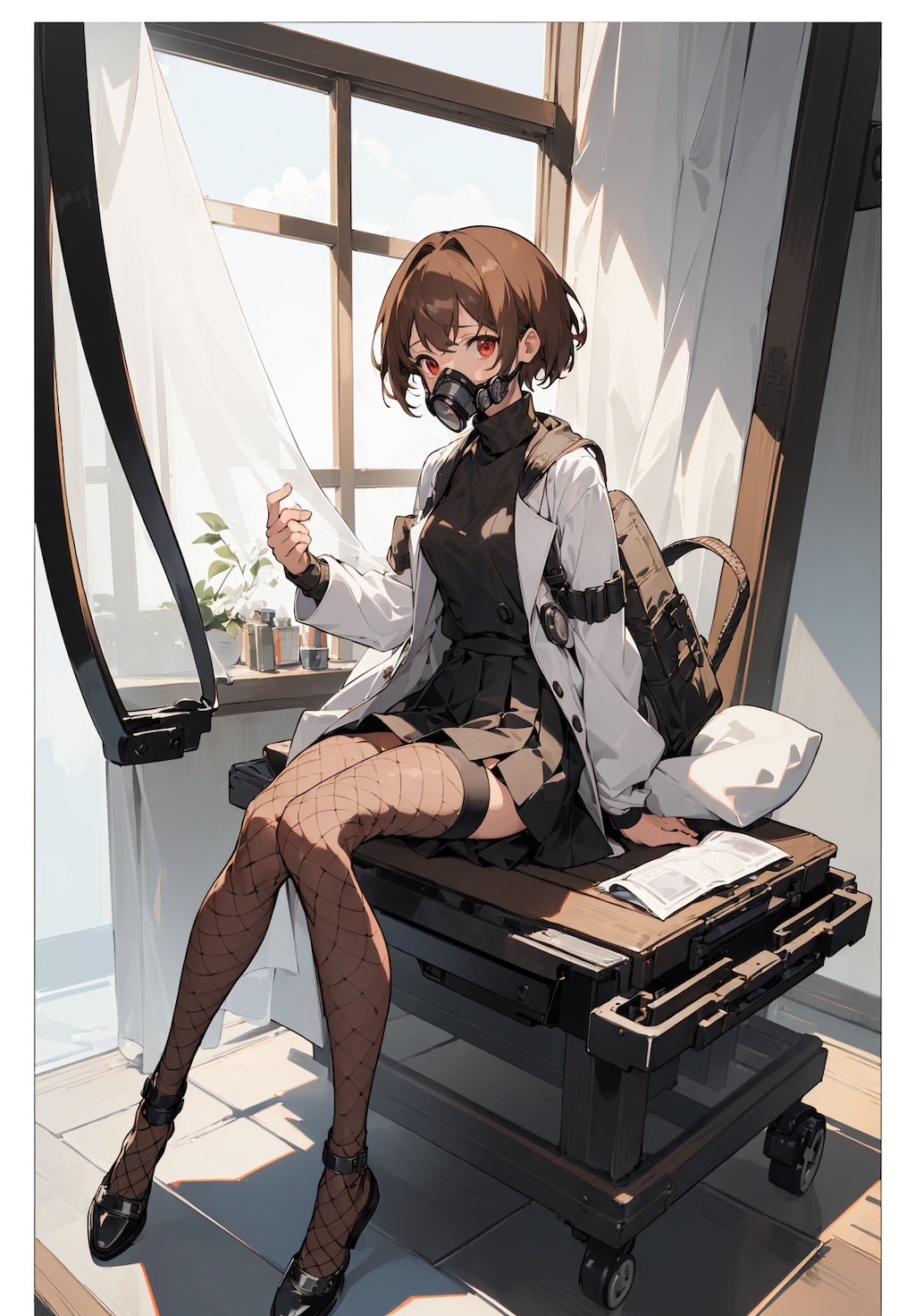 白衣と網タイツとガスマスク。