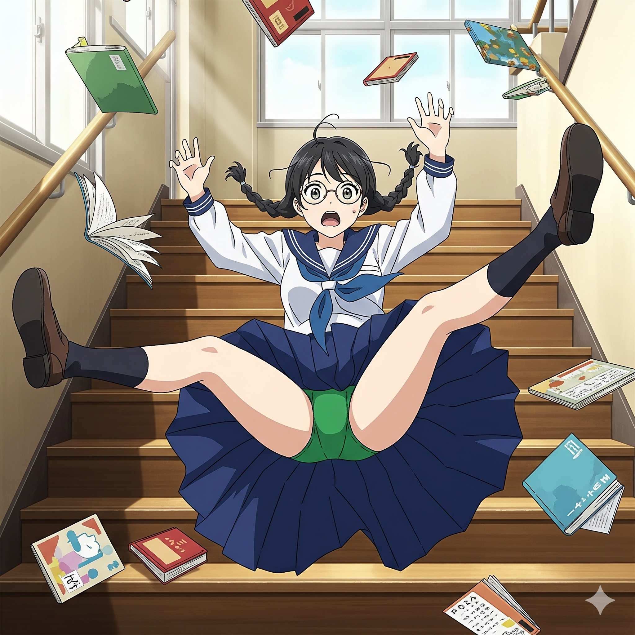階段で転んだ三つ編み眼鏡っ娘(Gemini)