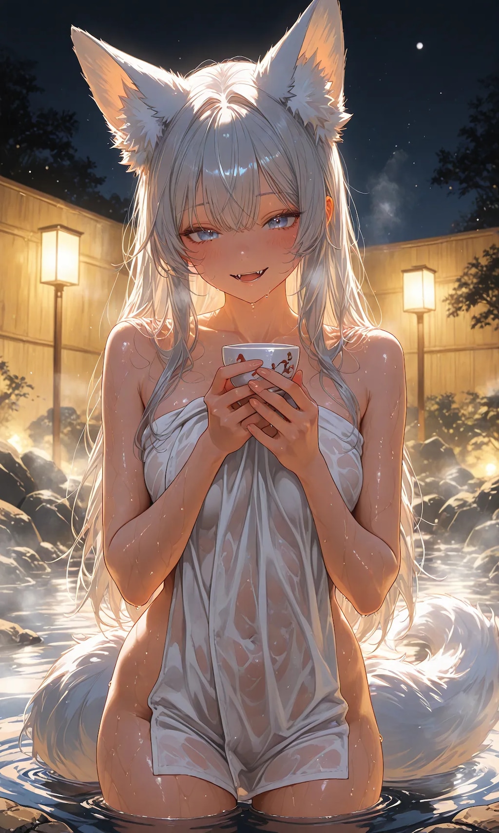Fox girl and open-air bath