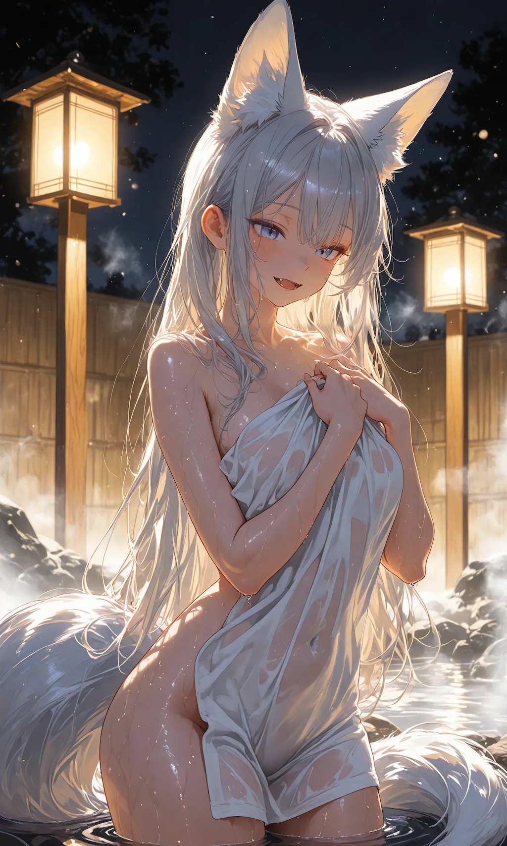 Fox girl and open-air bath