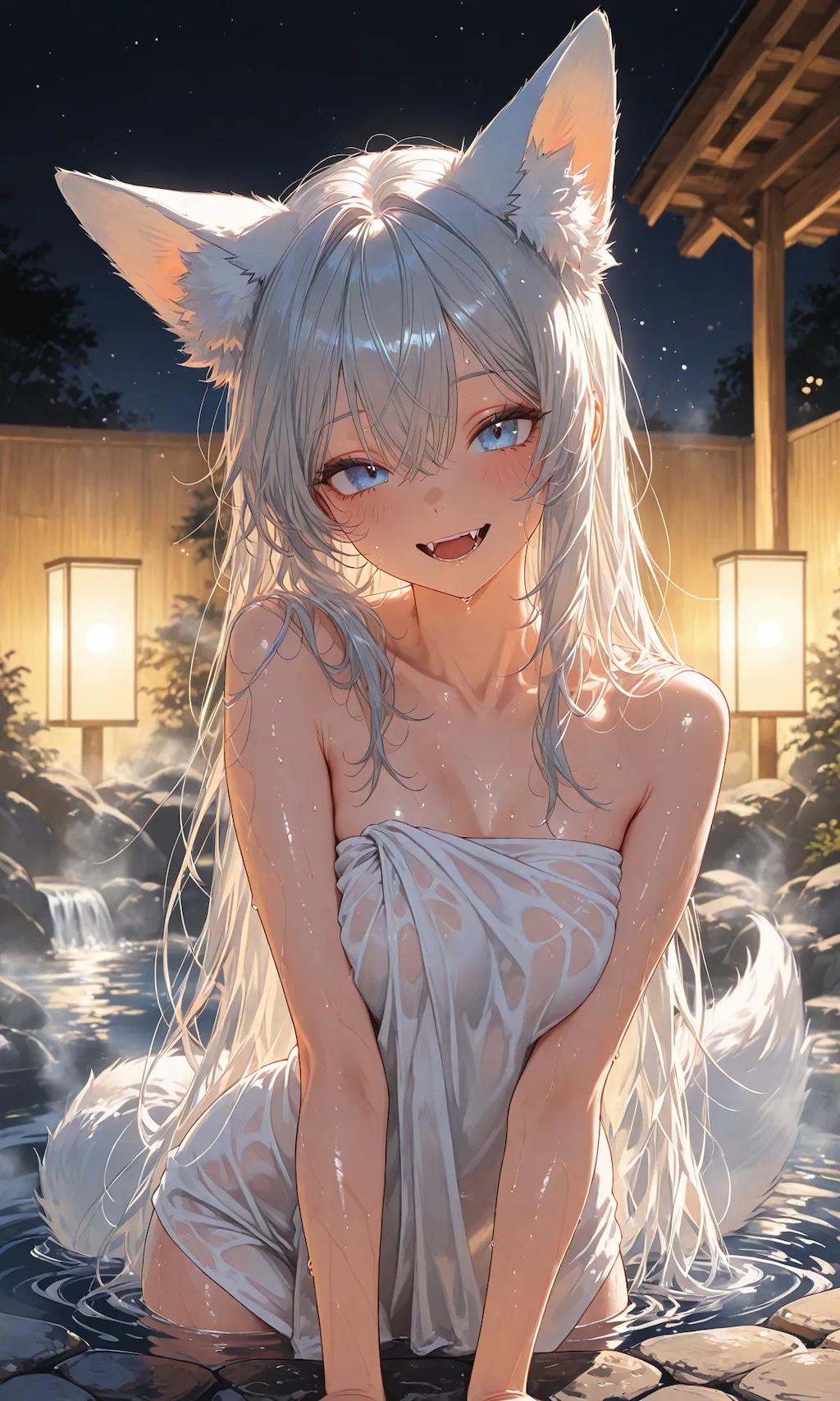 Fox girl and open-air bath
