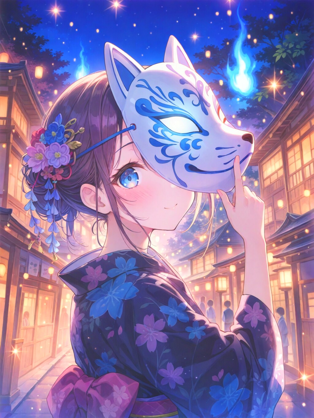 狐面少女とオリエンタルな街並み