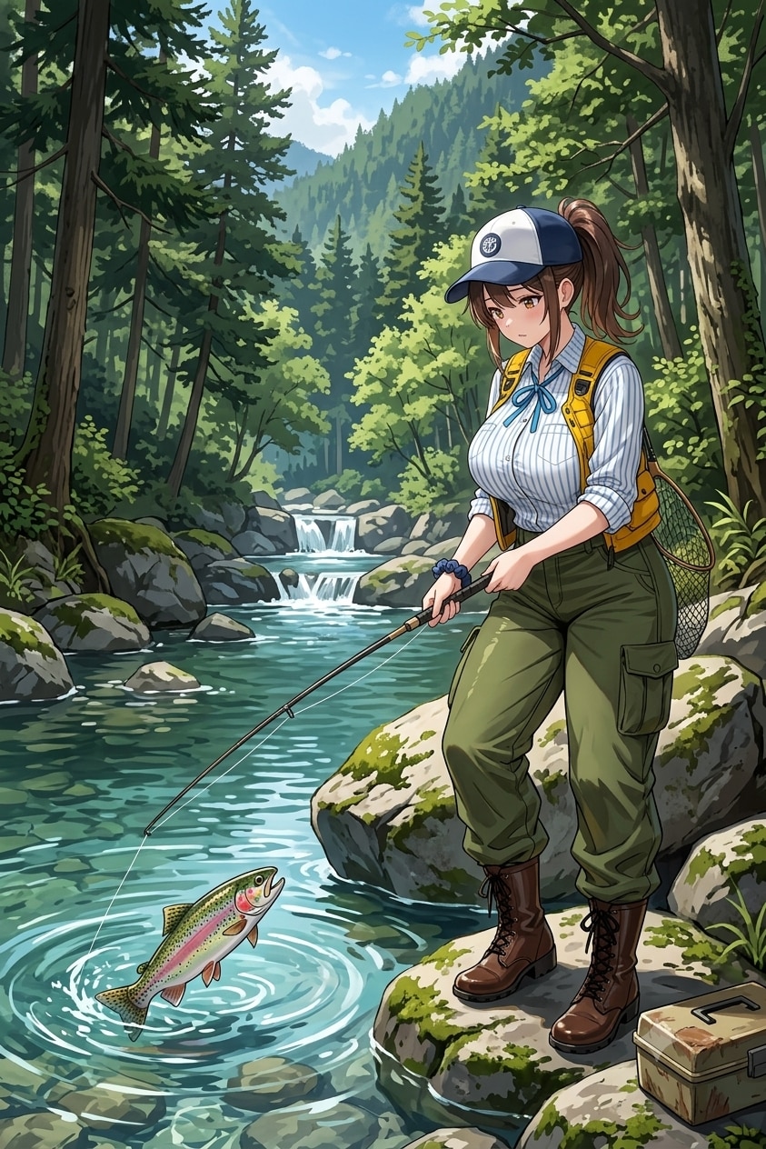 渓流でニジマス釣り