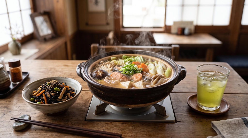 摩訶不思議食堂の石狩鍋とひじきの煮物のセット