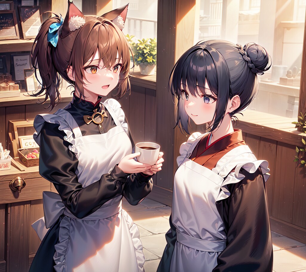 髪型を変えて喫茶店で働く猫娘と手伝う僧侶