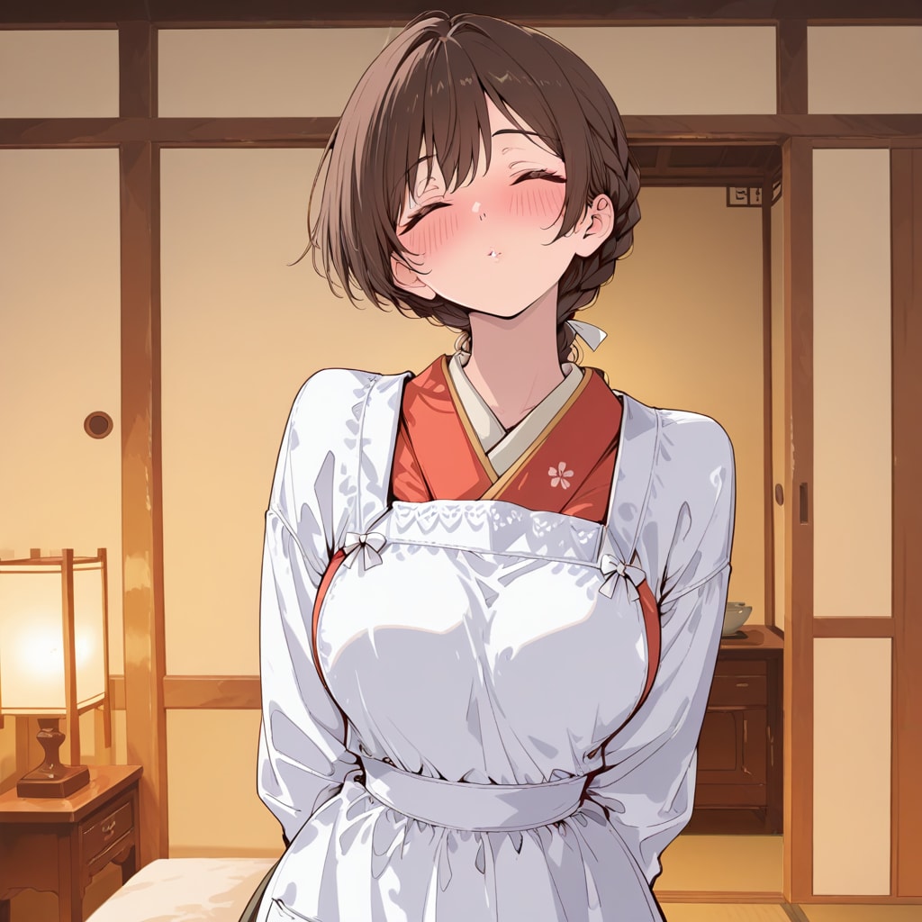 割烹着の妻　夫とお目覚めのキス