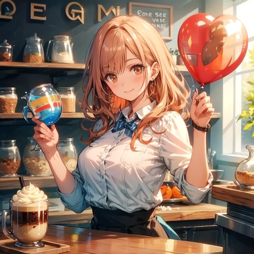 喫茶店でハート風船を持つオレンジ髪の美女店員さん | の人気AIイラスト・グラビア