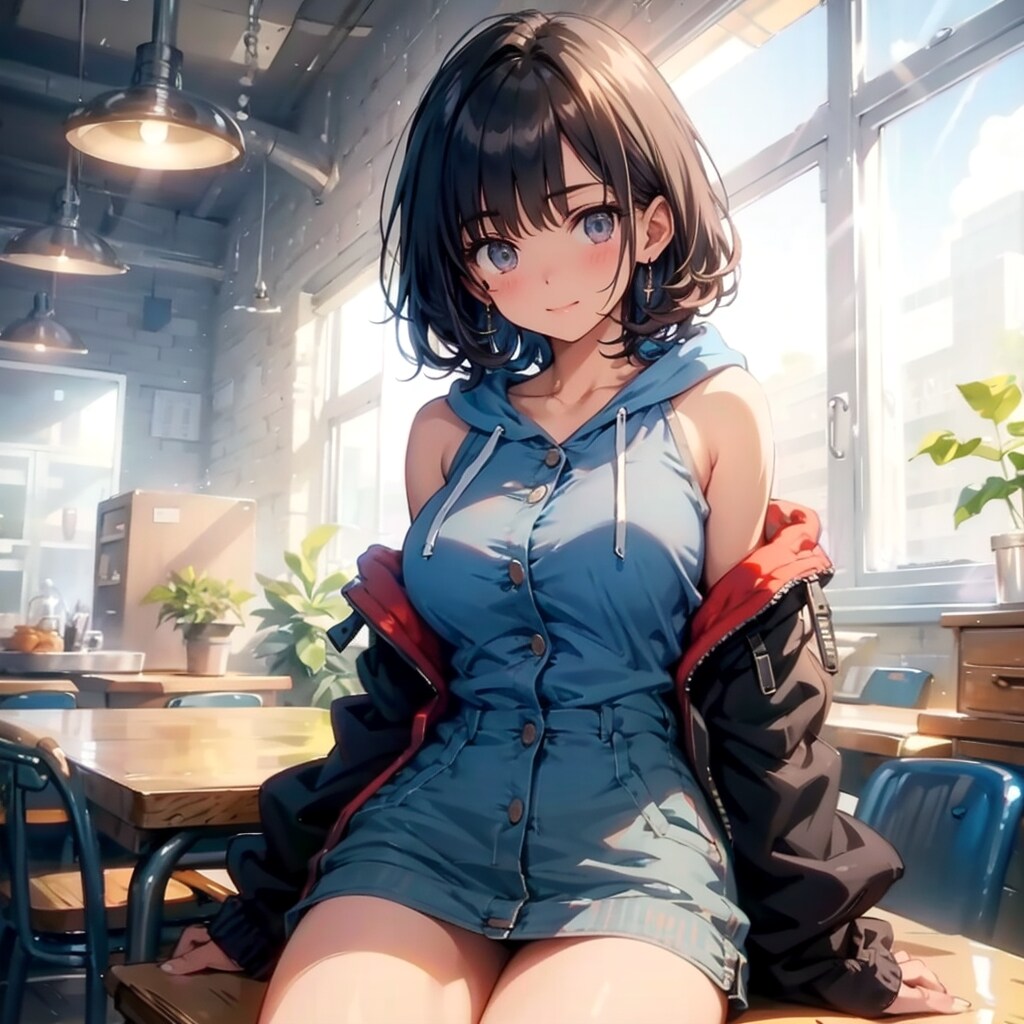 モダンな風景とパ－カ－美女