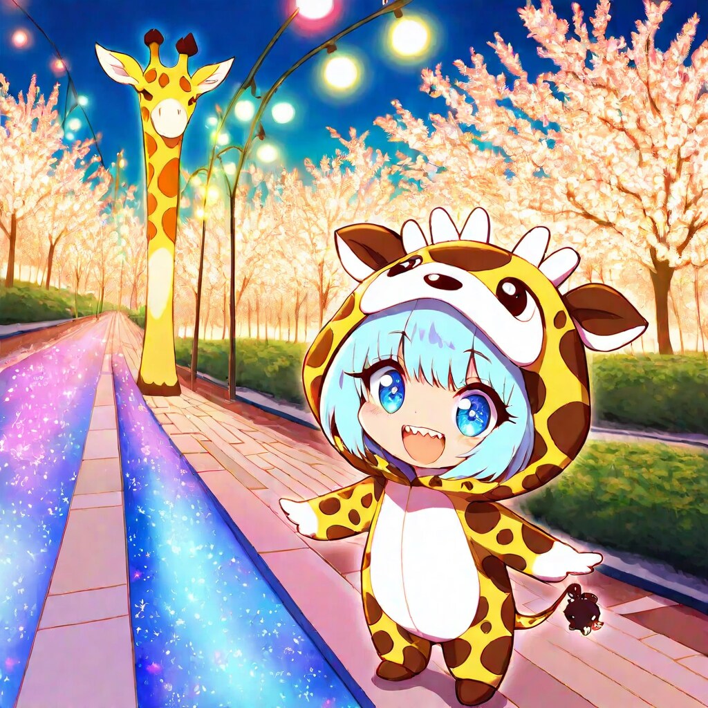 イルミネーションとキリン着ぐるみちび子ちゃん