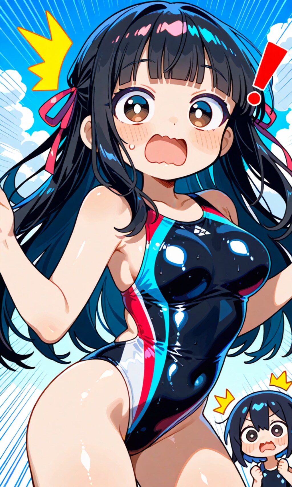 「！」マークでビックリ顔の競泳水着美少女ちゃん♪（何故？ビックリしてるのかは不明？）