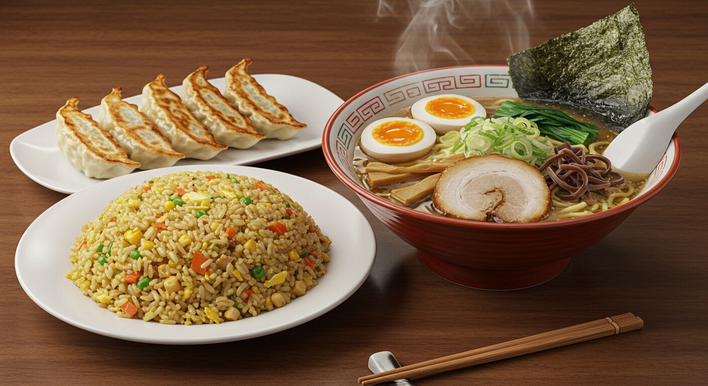 昼食のラーメンセット炒飯と餃子付き