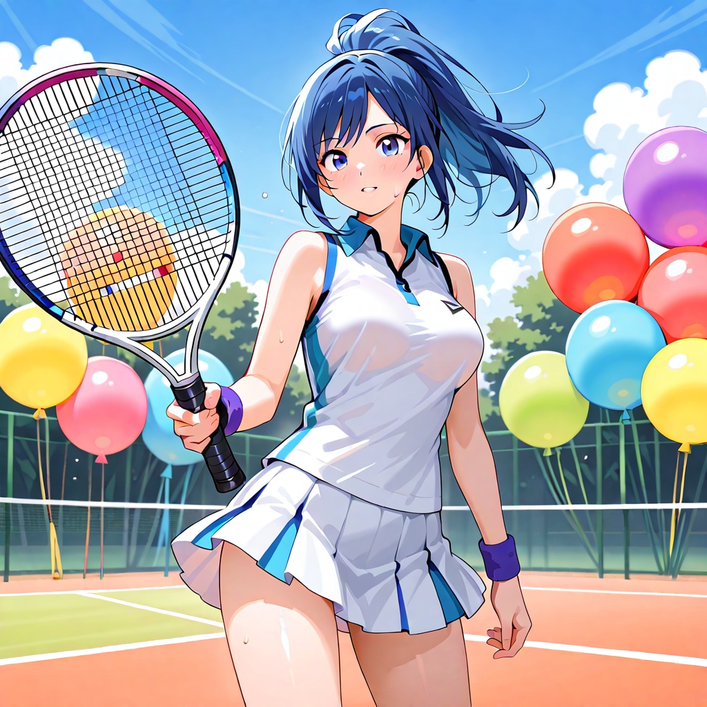 いっぱい色とりどりの風船を持つ青い髪ポニーテールのテニスウェア着た美女