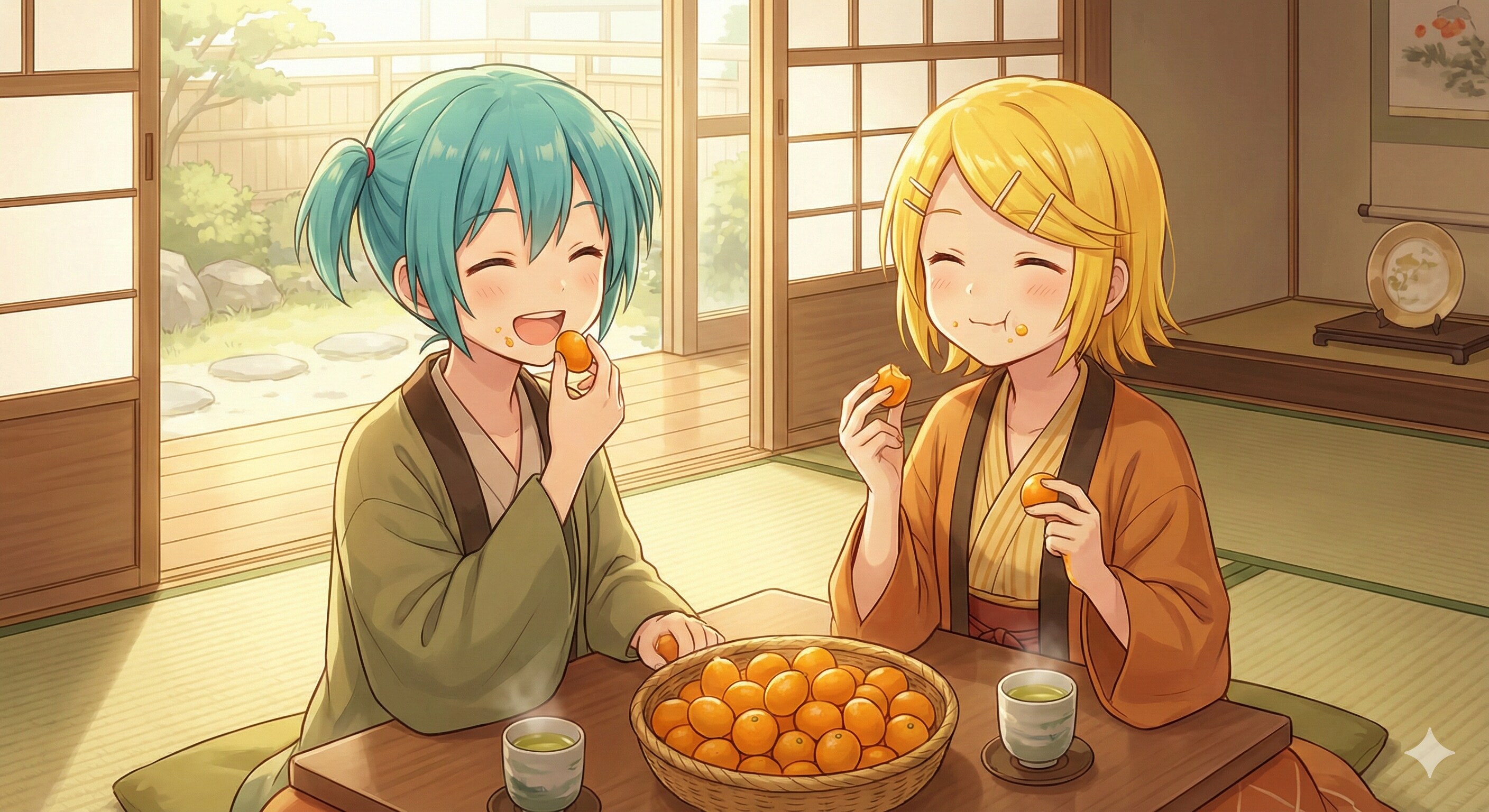 キンカンを食べている ミクさんとリンさん | の人気AIイラスト・グラビア