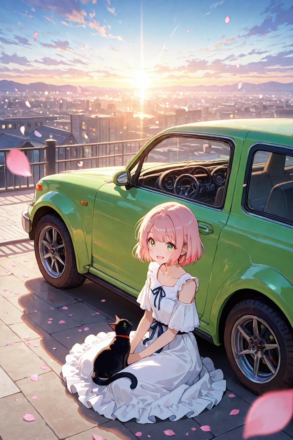 緑色の車と夕日を見ながら
