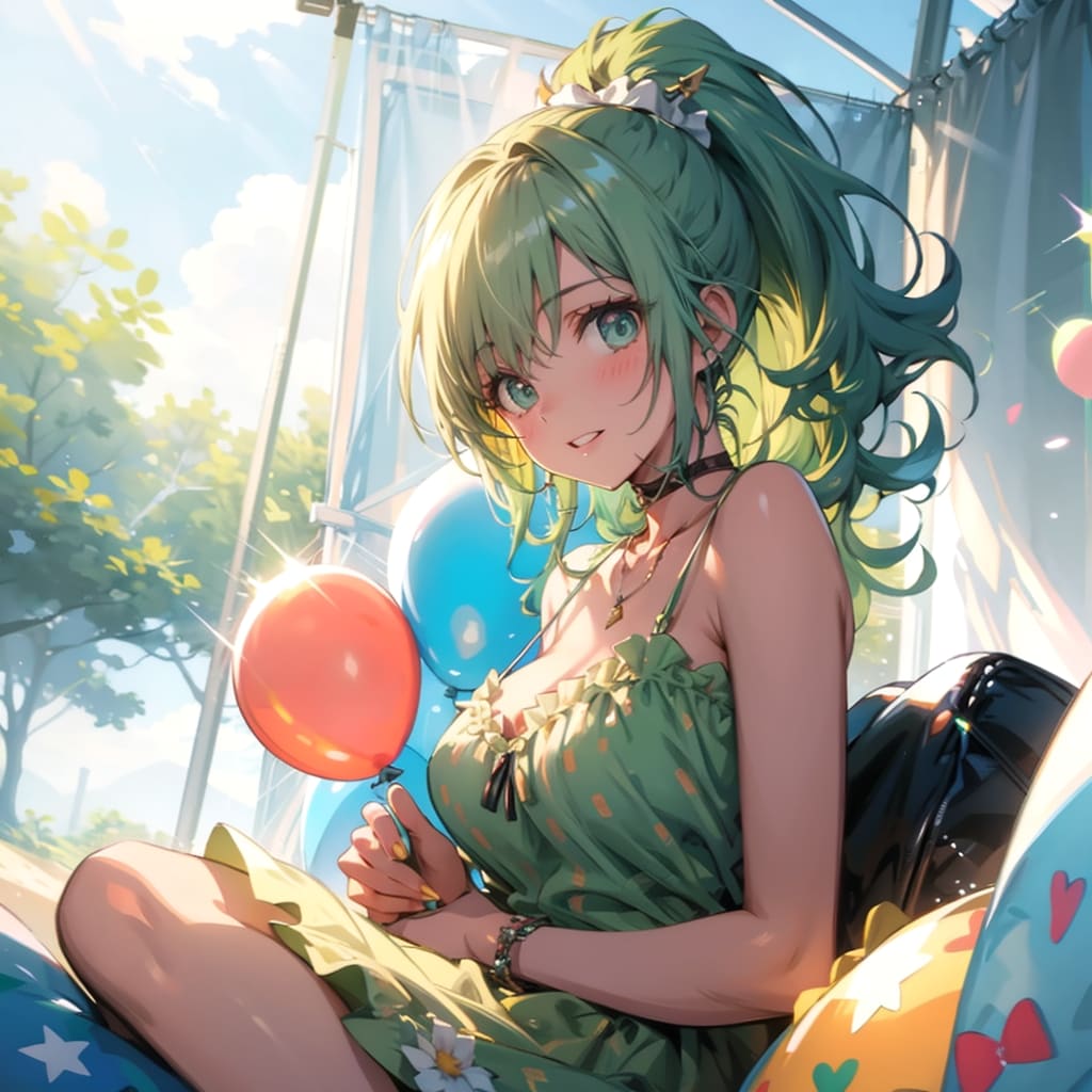 キャンプ場のテントでいっぱい色とりどりの風船を持つ緑髪ポニーテールの美女 | の人気AIイラスト・グラビア