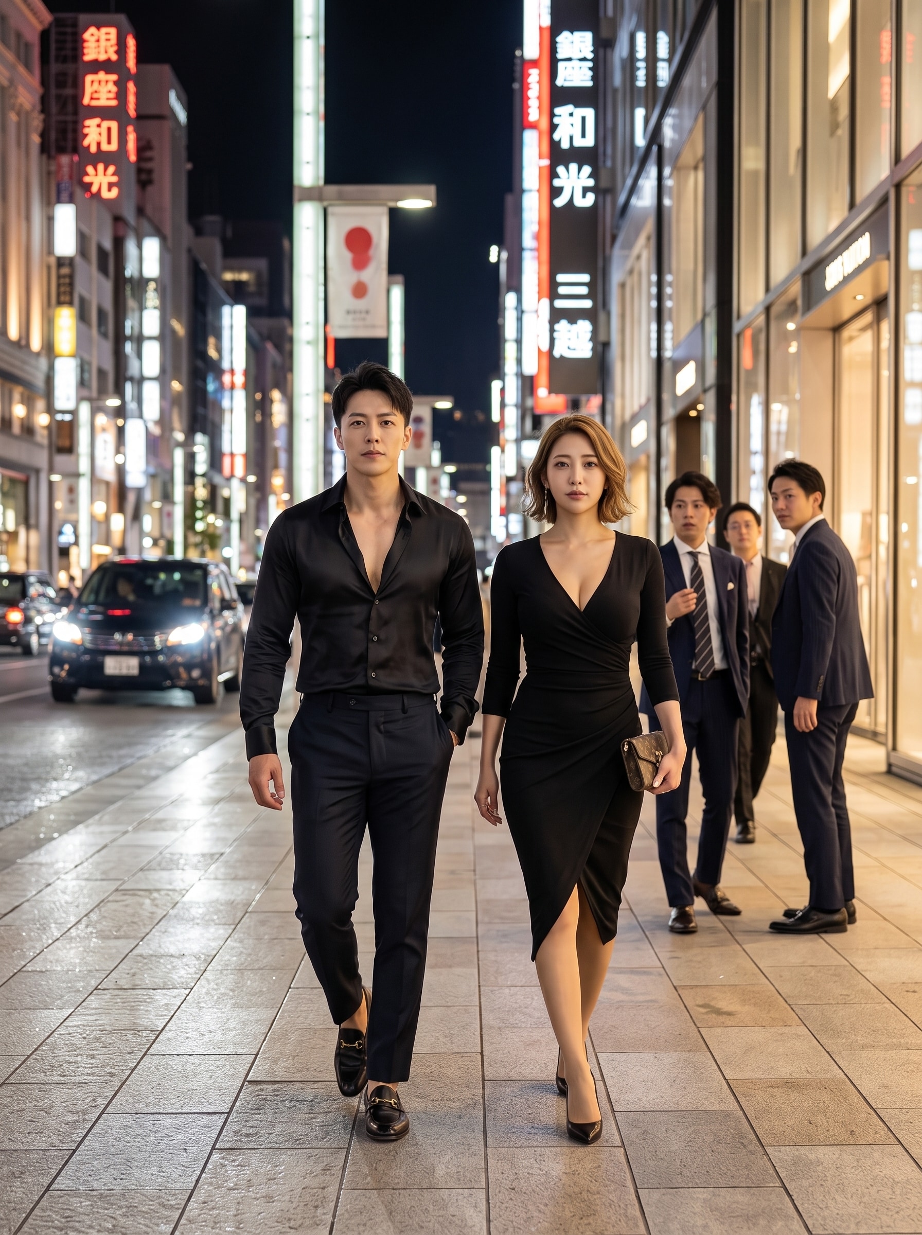 夜の銀座を兄妹闊歩