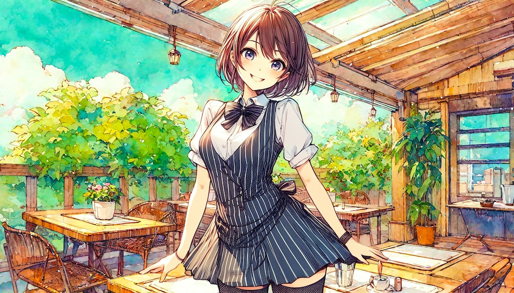 新緑のオープンテラス (ウェイトレスの少女44)