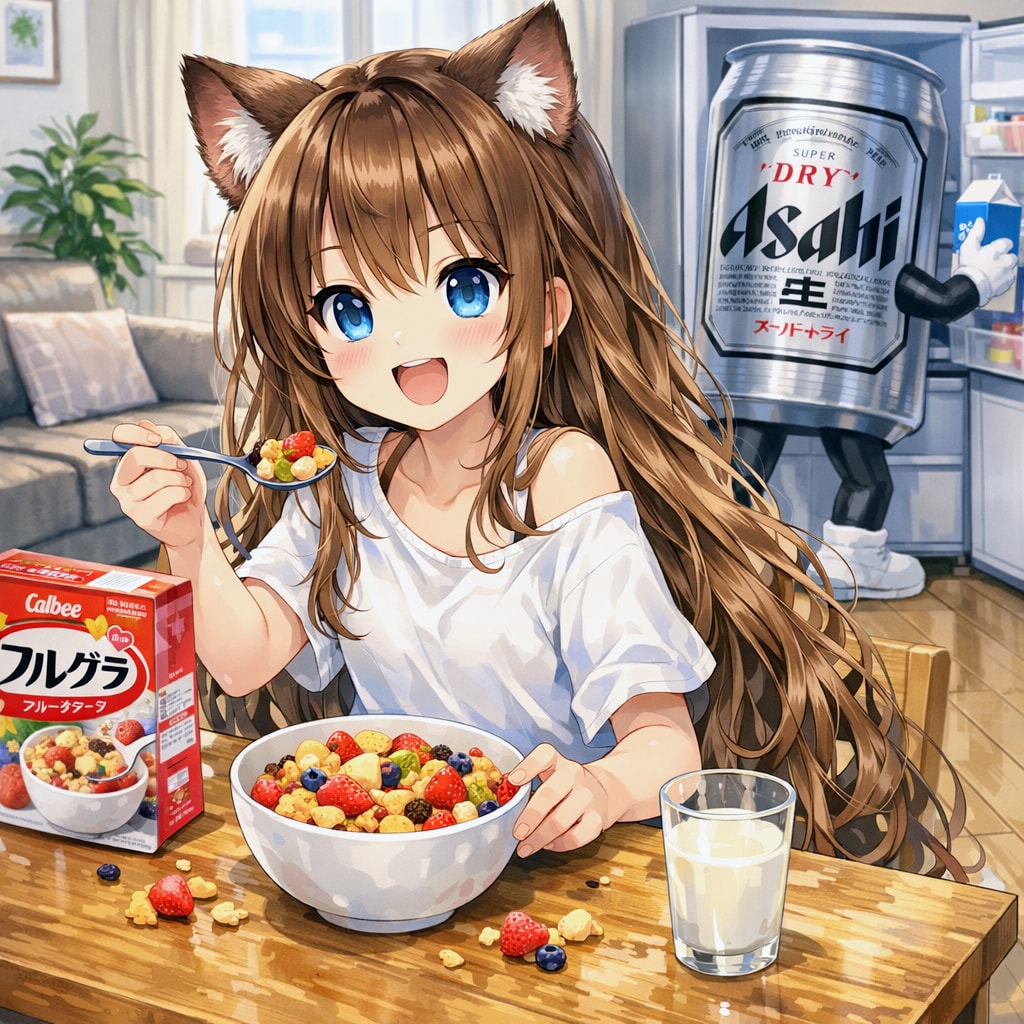 ごきげんな朝飯の小さな女の子