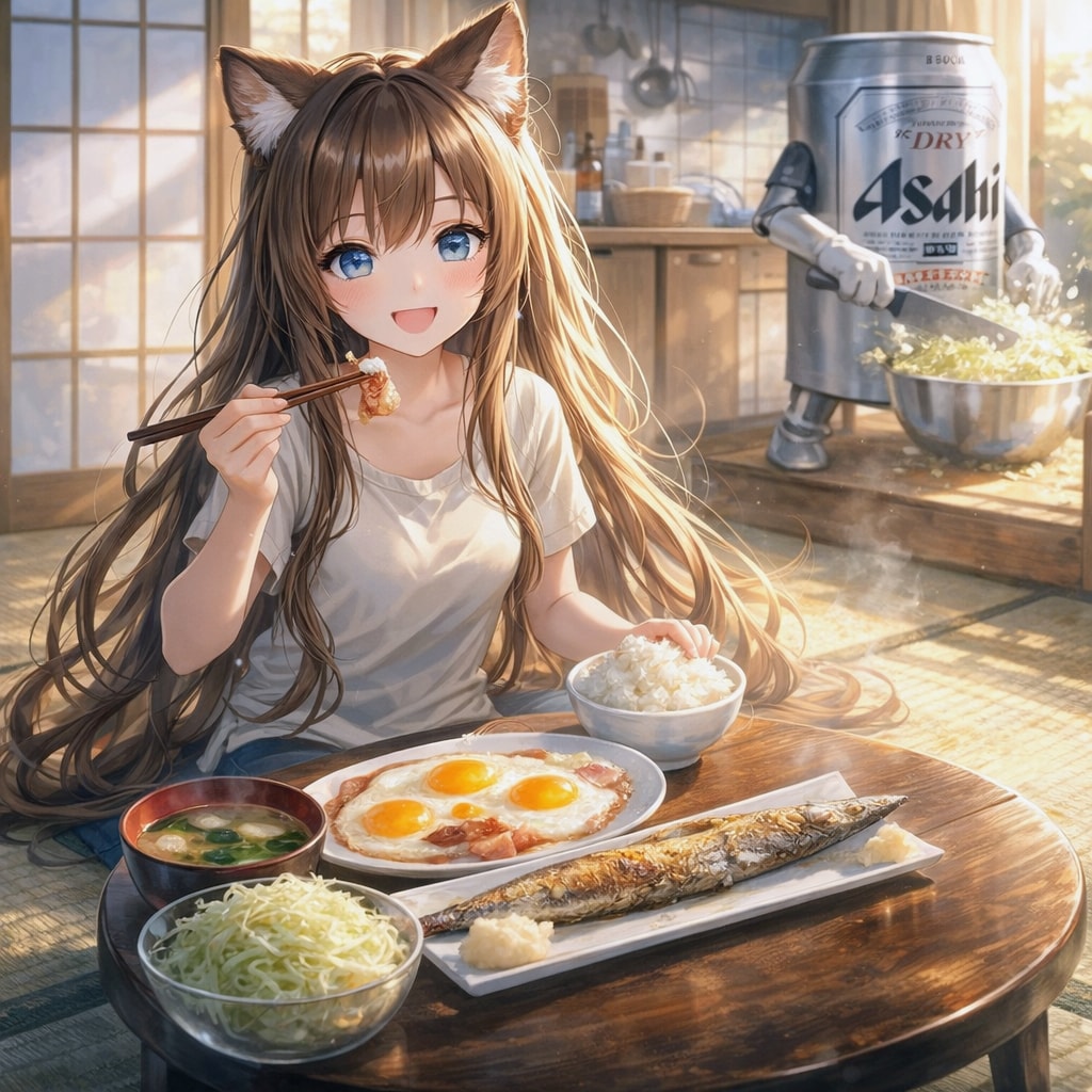 ごきげんな朝飯の小さな女の子