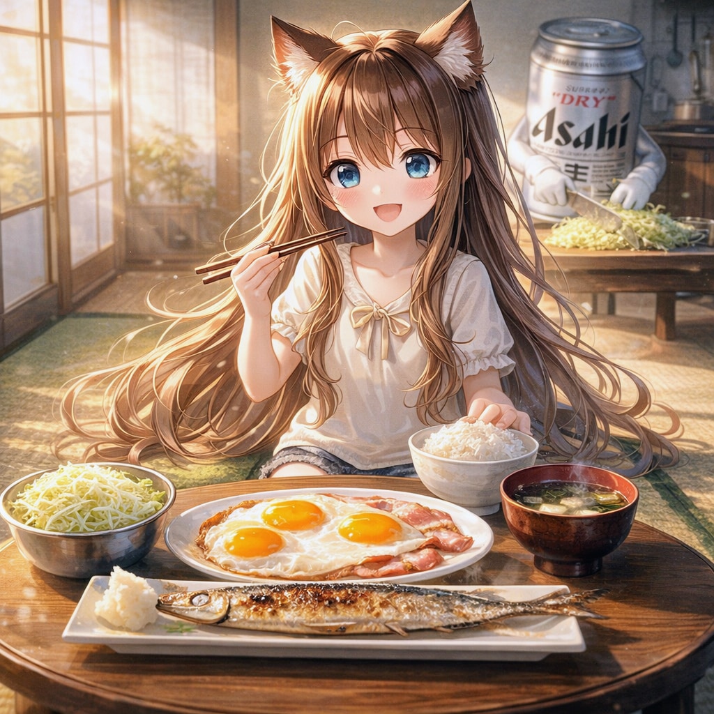 ごきげんな朝飯の小さな女の子