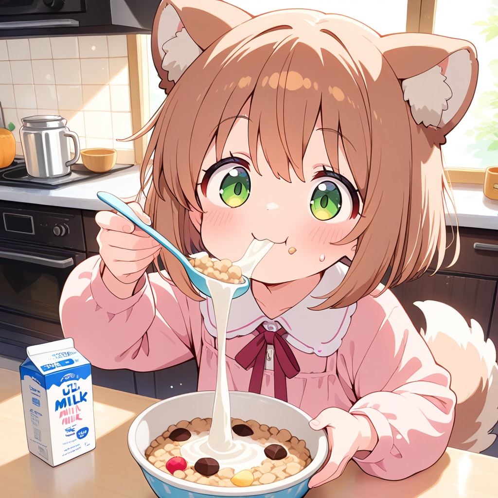 ごきげんな朝飯の小さな女の子