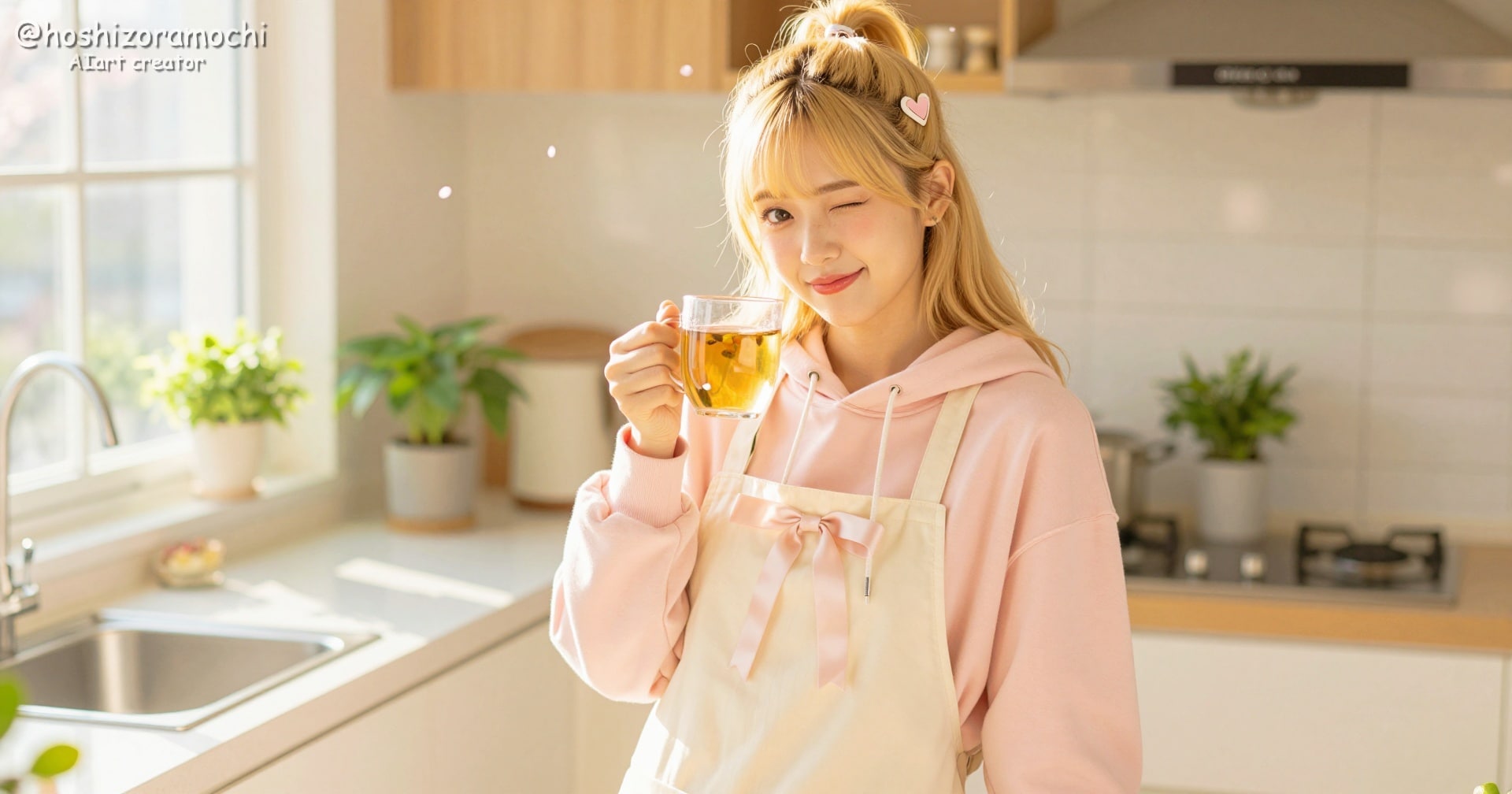 【サニー・ハーブティータイム】朝の光が差し込むキッチンで、ハニーブロンドの彼女と過ごす、エプロン姿の至福の日常ファンタジー