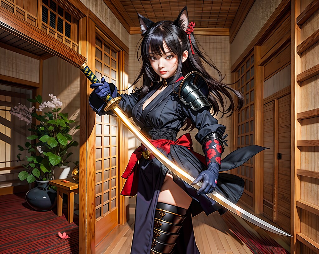 (ミスにより再掲) ねこみみの侍・くノ一の緋金丸が輝く