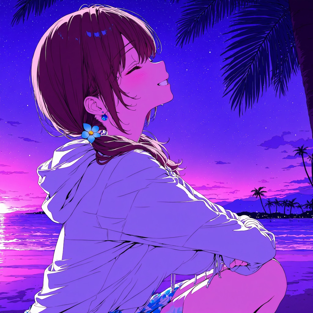 Girl in sunset beach at the end of summer