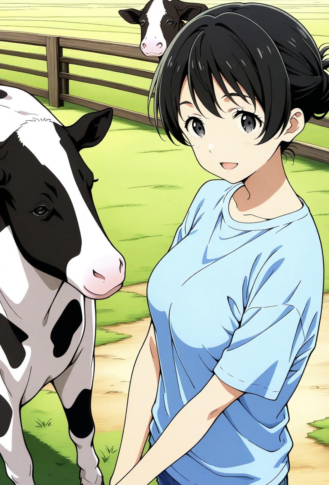 「見て見てっおっきな牛が沢山いるよ」 子供の頃に一緒に遊びに来たこともある観光牧場で子供みたいに元気にはしゃぐ姿がまぶしく見えるいとこの姉ちゃん | の人気AIイラスト・グラビア