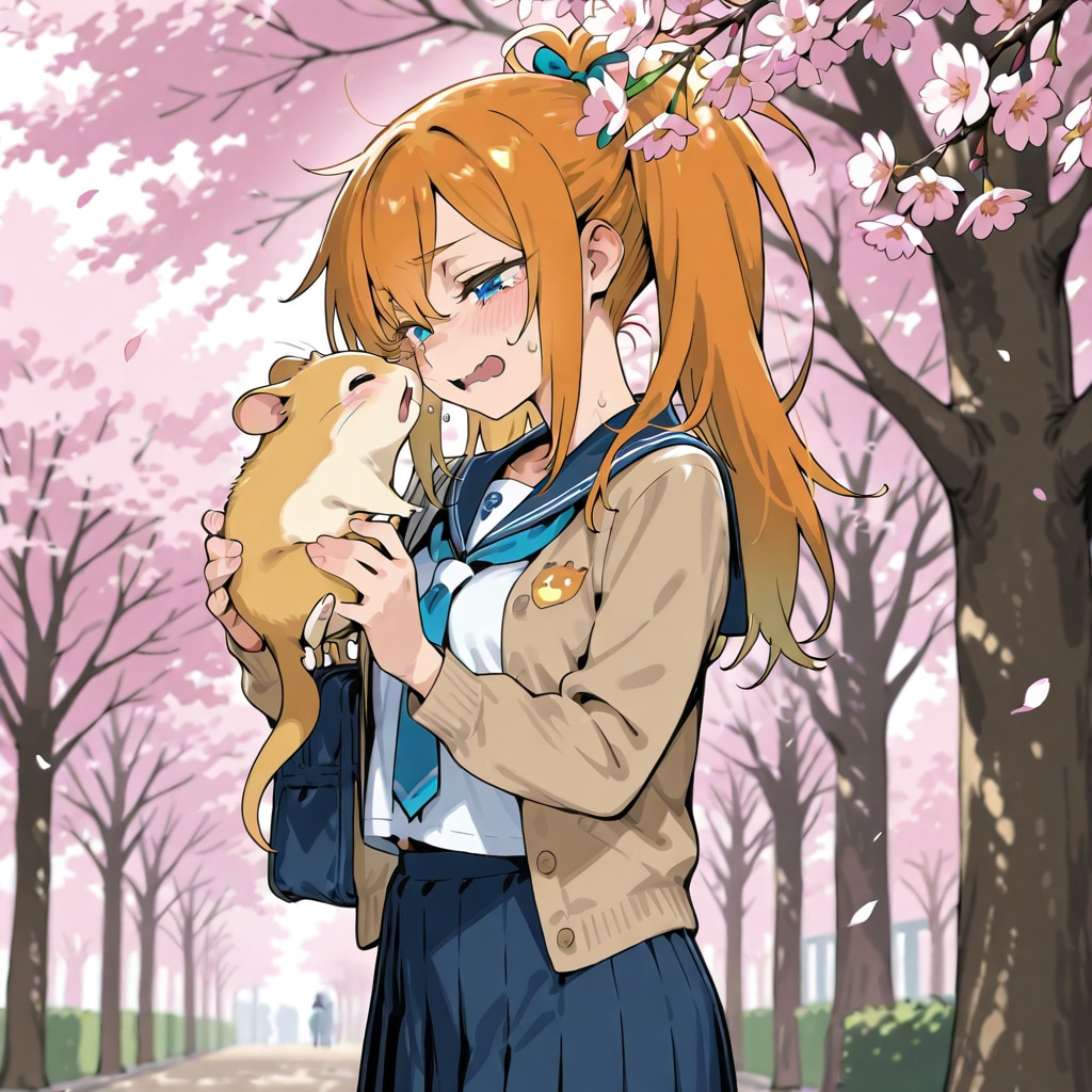 桜の木の下で学校にいたよくわからないけどなんかフレンドリーな生物の友達と別れに涙する卒業女子 | の人気AIイラスト・グラビア