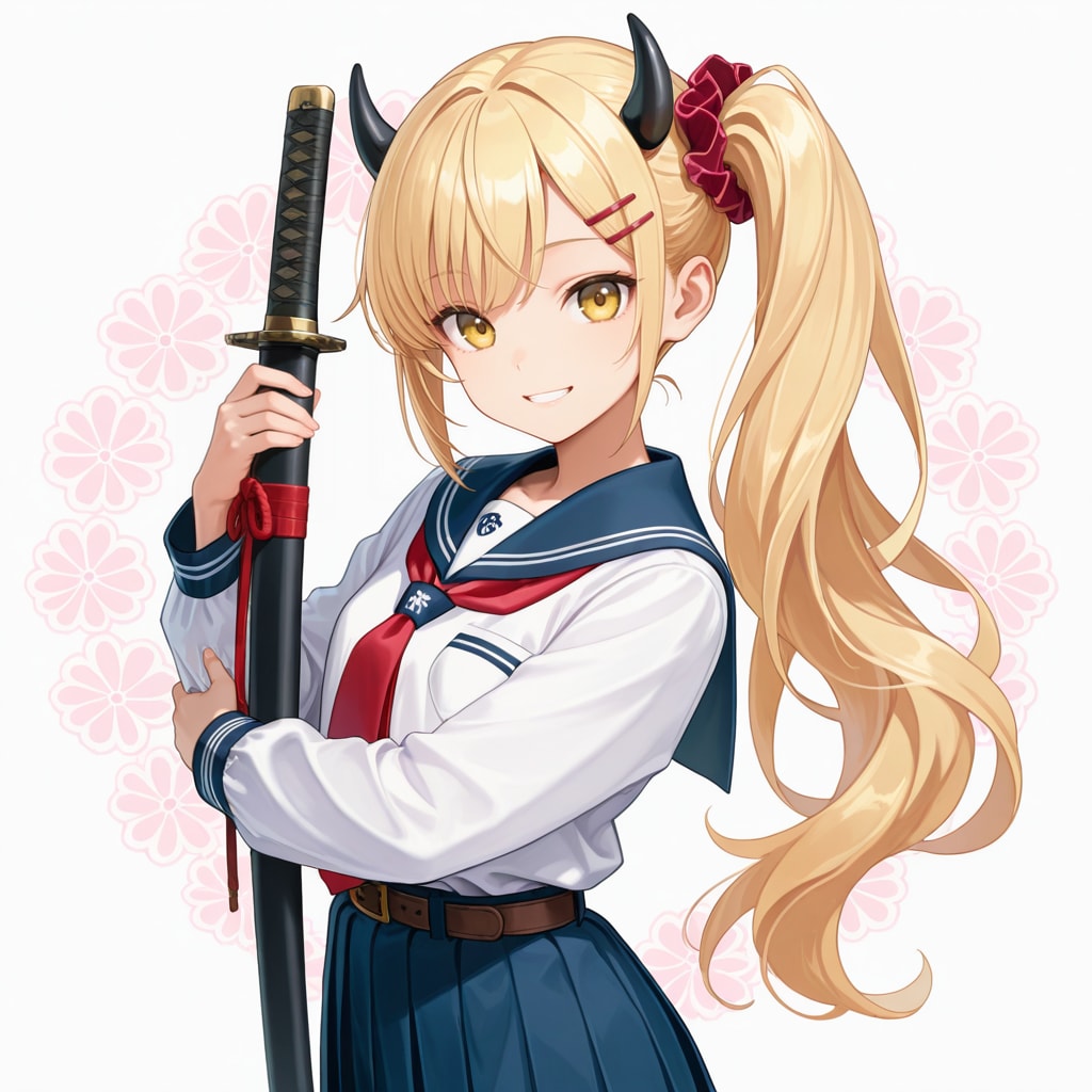 鞘に納めた刀を持つ女鬼高生さん