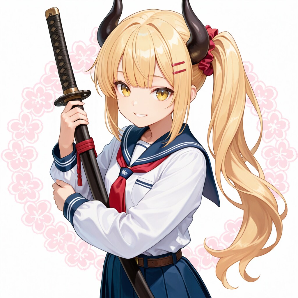 鞘に納めた刀を持つ女鬼高生さん